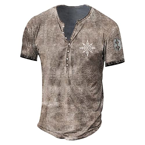 T-Shirt Herren V-Ausschnitt Sommer Retro Print T-Shirt Vintage Basic T-Shirts Top Regular Fit mit Knöpfen Sporthemd Mittelalter Tunika Tops Hemden Oversize Shirt Herren 3XL 01-Beige von BORTGYUI