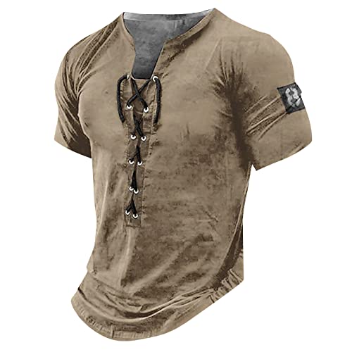 T-Shirts FüR Herren Herren V-Ausschnitt Einfarbig Kordelzug Retro Henley Hemd Taillierte Muskelhemden Kurzarm Taktische Hemden Combat Shirt Übergroßes T-Shirt Herren Sommeroberteile XL 01-Braun von BORTGYUI