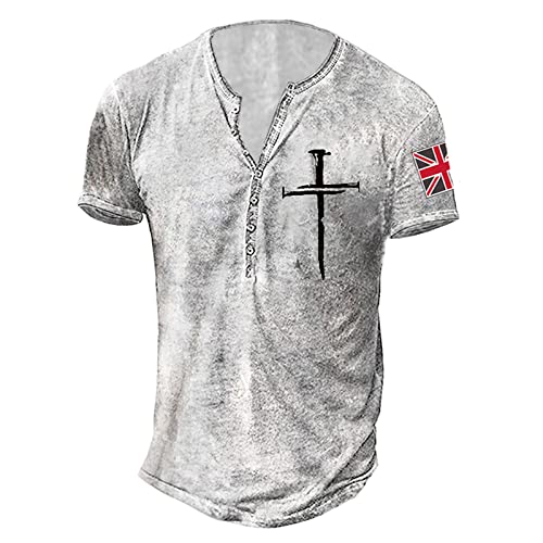 T-Shirts FüR Herren V-Ausschnitt Sommer Retro Kreuzdruck Print T-Shirt Vintage Basic T-Shirts Top Regular Fit mit Knöpfen Sporthemd Mittelalter Tunika Tops Hemden Batik Shirt Herren XL 01-Weiß von BORTGYUI