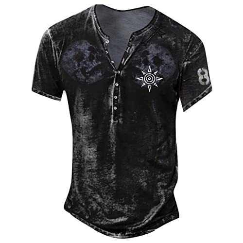 T-Shirts FüR Herren V-Ausschnitt Sommer Retro Print T-Shirt Vintage Basic T-Shirts Top Regular Fit mit Knöpfen Sporthemd Mittelalter Tunika Tops Hemden Funktionsshirt M 01-Schwarz von BORTGYUI