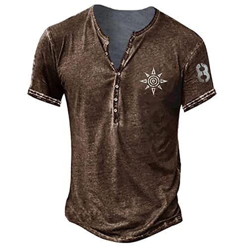 T-Shirts FüR Herren V-Ausschnitt Sommer Retro Print T-Shirt Vintage Basic T-Shirts Top Regular Fit mit Knöpfen Sporthemd Mittelalter Tunika Tops Hemden Langarmshirt Herren M 01-Kaffee von BORTGYUI