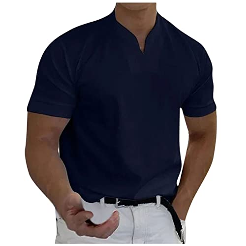 Tshirt Herren Herren T-Shirts Gentlemans Business Short Sleeve Fitness T Shirt Herren-Blusen für die Arbeit Männer lässig solide kurzärmlig V-Ausschnitt T-Shirt-Oberteil M 01-Marine von BORTGYUI