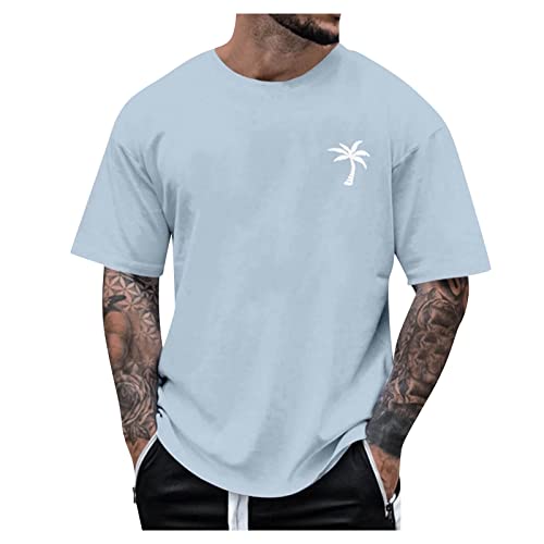 Tshirt Herren Rundhalsausschnitt Kurze Ärmel lockere Sommer-Oberteile modisches T-Shirt mit Kokosnussbaum Grafik kreative Buchstaben Vintage-Druck Streetwear lässig Lange Oberteile M 01-Hellblau von BORTGYUI