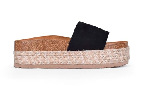BOSANOVA Flip-Flops aus Wildleder mit breitem Ristriemen, Bio-Kork-Sohle und zweifarbiger Sparto-Plattform, ohne Verschluss, Schwarz , 38 EU von BOSANOVA
