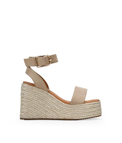 BOSANOVA Damen-Sandalen mit schmalem Riemen, quadratischem Zehendetail und Esparto-Sohle mit Keilabsatz von 11 cm. Armbandverschluss mit Schnalle. Damenschuhe, sandfarben, 40 EU von BOSANOVA