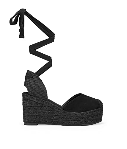 BOSANOVA Espadrilles aus Wildleder mit Herzausschnitt, Zehenkappe aus Bast und leichtem Esparto-Keil von 8,5 cm. Verschluss mit Schnürung. Damenschuhe, Schwarz , 40 EU von BOSANOVA