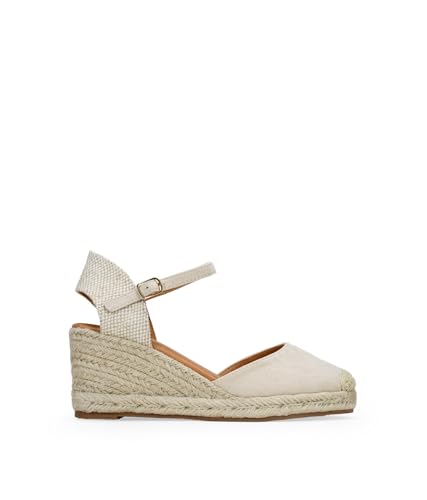 BOSANOVA Espadrilles für Damen aus veganem Wildleder mit geschlossener Zehenpartie aus Canvas und Keilabsatz aus Sparta. Armbandverschluss mit Schnalle. Damenschuhe, beige, 41 EU von BOSANOVA