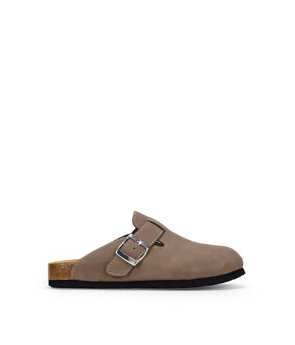 BOSANOVA Flache Clogs mit Riemen und verstellbarer Schnalle und Bio-Korksohle von 2,7 cm. Ohne Verschluss. Komfort-Einlegesohle. Damenschuhe, Taupe, 38 EU von BOSANOVA