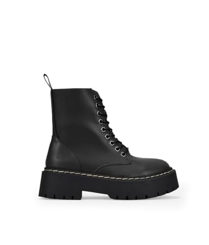 BOSANOVA Punk Militärstiefel aus veganem Leder mit gezackter Plattform und Schnürung bis zum oberen Ende, Reißverschluss, Damen-Schuhe, Schwarz , 40 EU von BOSANOVA