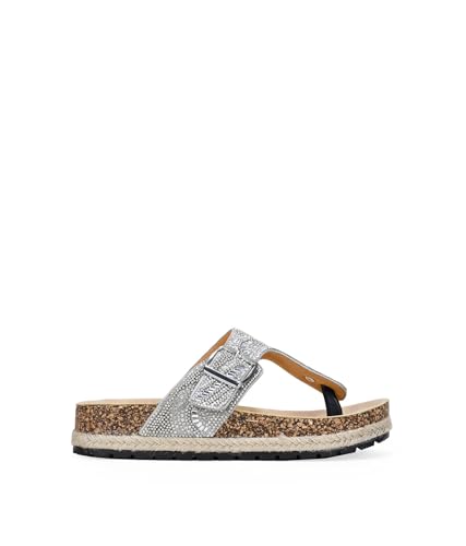 BOSANOVA Zehensandalen mit Strass und Steinen, verstellbare Schnalle und Bio-Korksohle mit Sparto, ohne Verschluss, Damenschuhe, silber, 38 EU von BOSANOVA