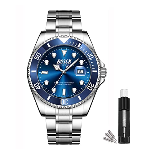 BOSCK Herren Analoguhr,Uhren für Herren 44 mm Großes Ziffernblatt Leuchtende Leicht Ablesbare Edelstahl Business Uhr Klassische Luxus,30M Wasserdichte Armbanduhr Herren (BLUE) von BOSCK