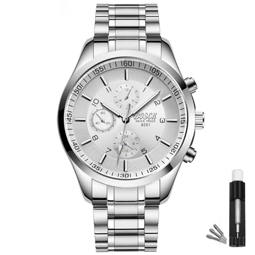 BOSCK Men's Analogue Watch (Not Chronograph), 40 mm Easy Read Auto Date and Day Stainless Steel Business Watch Men's Watch, 30 m Waterproof Sports Watches Men von BOSCK