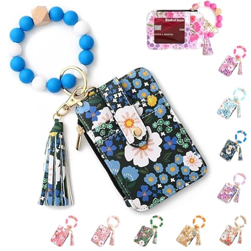 BOSENIYU Boho Perlen Geldbörse Damen Boho Stil Perlen & Quaste verziert Schlüsselanhänger mit Blumenmuster Geldbörse, Dunkelblau, 8.5*12cm/3.35*4.7in, Kunstdekor von BOSENIYU