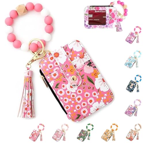 BOSENIYU Boho Perlen Geldbörse Damen Boho Stil Perlen & Quaste verziert Schlüsselanhänger mit Blumenmuster Geldbörse, Dunkelrosa, 8.5*12cm/3.35*4.7in, Kunstdekor von BOSENIYU