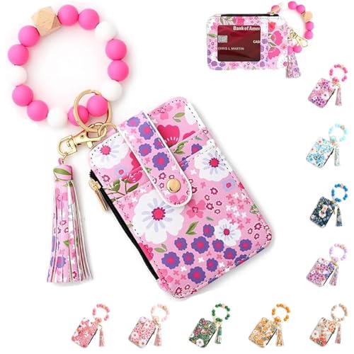 BOSENIYU Boho Perlen Geldbörse Damen Boho Stil Perlen & Quaste verziert Schlüsselanhänger mit Blumenmuster Geldbörse, Rosa, 8.5*12cm/3.35*4.7in, Kunstdekor von BOSENIYU