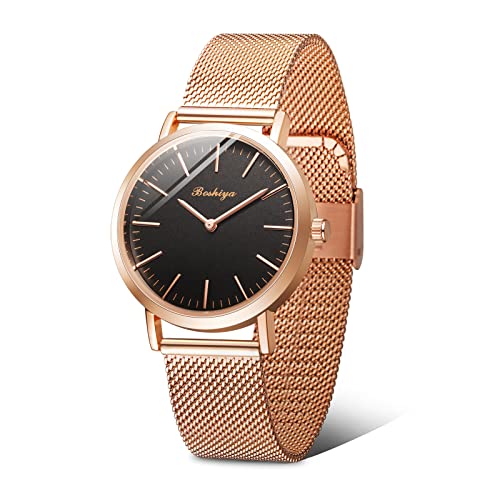 BOSHIYA Armbanduhr Damen Edelstahl Rose Gold Analog Quarz Uhr Wasserdicht Mesh Ultradünne Mode Minimalist Uhren für Damen von BOSHIYA