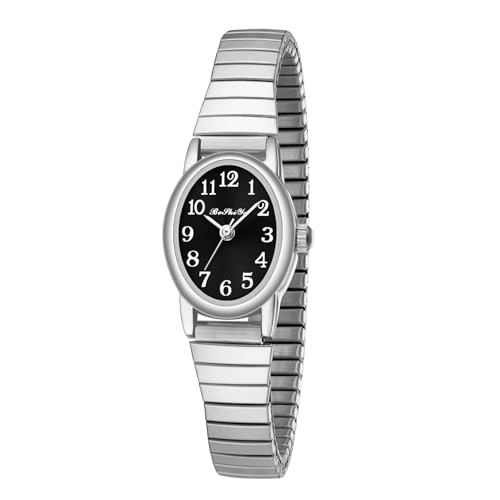 BOSHIYA Damen Uhren Edelstahl Analog Quarz Uhr mit Digital Zifferblatt und Elastisch Armband Wasserdicht Armbanduhr für Damen (DE-Elliptisch Silber Schwarz-16) von BOSHIYA