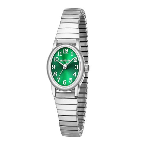 BOSHIYA Damen Uhren Edelstahl Analog Quarz Uhr mit Digital Zifferblatt und Elastisch Armband Wasserdicht Armbanduhr für Damen (DE-Elliptische Silbergrün-17) von BOSHIYA