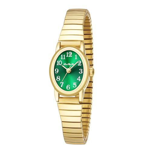 BOSHIYA Damen Uhren Edelstahl Analog Quarz Uhr mit Digital Zifferblatt und Elastisch Armband Wasserdicht Armbanduhr für Damen (DE-Elliptische goldgröne Platte-15) von BOSHIYA