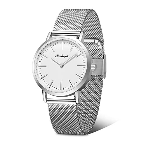 BOSHIYA Damen Uhren Edelstahl Silber Analog Quarz Uhr Wasserdicht Mesh Ultradünne Minimalist Armbanduhr für Damen und Herren von BOSHIYA