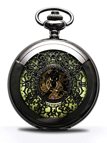 BOSHIYA Herren Taschenuhr Mechanische Leuchtende Vintage Steampunk Skelett Halbjäger Handaufzug Mechanische Taschenuhr mit Kette für Herren Schwarz von BOSHIYA