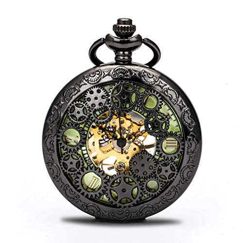 BOSHIYA Herren Taschenuhr Mechanische Leuchtende Vintage Steampunk Skelett Halbjäger Handaufzug Mechanische Taschenuhr mit Kette für Herren von BOSHIYA