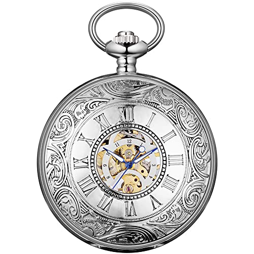 BOSHIYA Taschenuhr mit Kette Herren Retro Skelett Römische Ziffern Handaufzug Mechanische Taschenuhr für Herren Silber von BOSHIYA