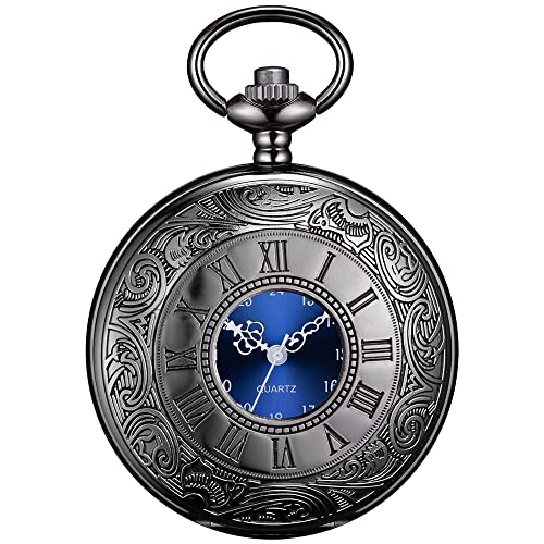 BOSHIYA Vintage Herren Taschenuhr mit Kette Einzigartiges Blau Römischen Ziffern Zifferblatt Analog Quarz Taschenuhr für Herren Schwarz BOSHIYA Vintage Herren Taschenuhr mit Kette Einzigartiges Blau Römischen Ziffern Zifferblatt Analog Quarz Taschenuhr für Herren Schwarz von BOSHIYA