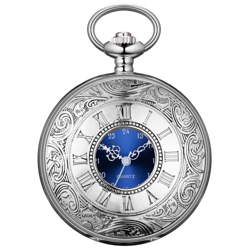 BOSHIYA Vintage Herren Taschenuhr mit Kette Einzigartiges Blau Römischen Ziffern Zifferblatt Analog Quarz Taschenuhr für Herren Silber von BOSHIYA