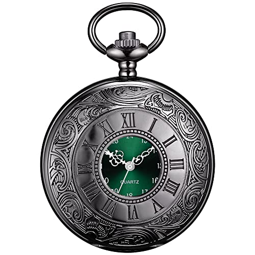 BOSHIYA Vintage Herren Taschenuhr mit Kette Einzigartiges Grün Römischen Ziffern Zifferblatt Analog Quarz Taschenuhr für Herren Schwarz von BOSHIYA