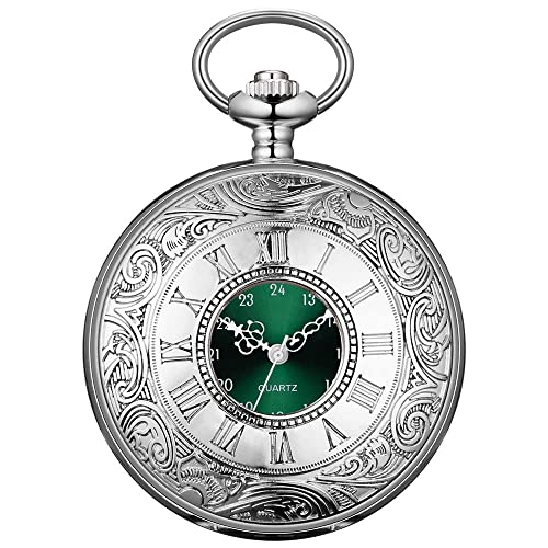 BOSHIYA Vintage Herren Taschenuhr mit Kette Einzigartiges Grün Römischen Ziffern Zifferblatt Analog Quarz Taschenuhr für Herren Silber von BOSHIYA