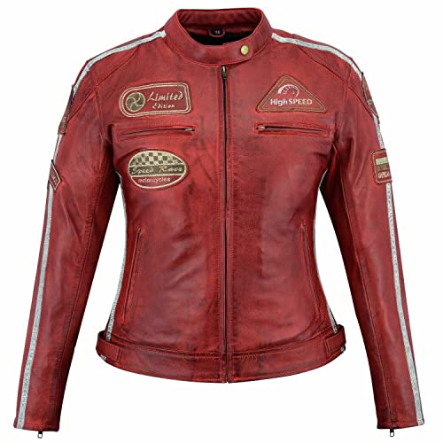 Damen Lederjacke Im Retro Style (44, Rot) von BOSMOTO