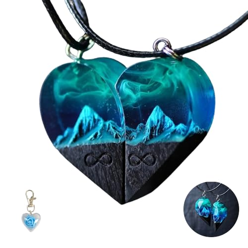 BOSONS Aurora Borealis Holzharz-Anhänger, Aurora-Borealis-Holzharz-Anhänger, Nordlichter-Plektrum-Halskettenanhänger, Nachthimmel-Schmuck, Geschenk für sie (gepaartes Herz), 5 von BOSONS
