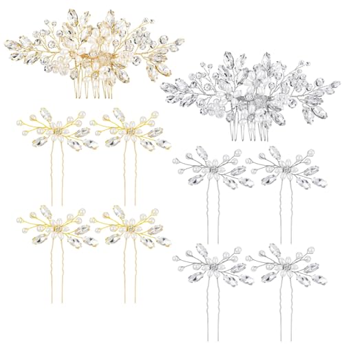 10 Stück Braut Haarschmuck mit Perlen & Kristallen, Gold und Silber Haarkämme und Pins Set für Bräute, elegantes Hochzeits-Styling von BOSREROY