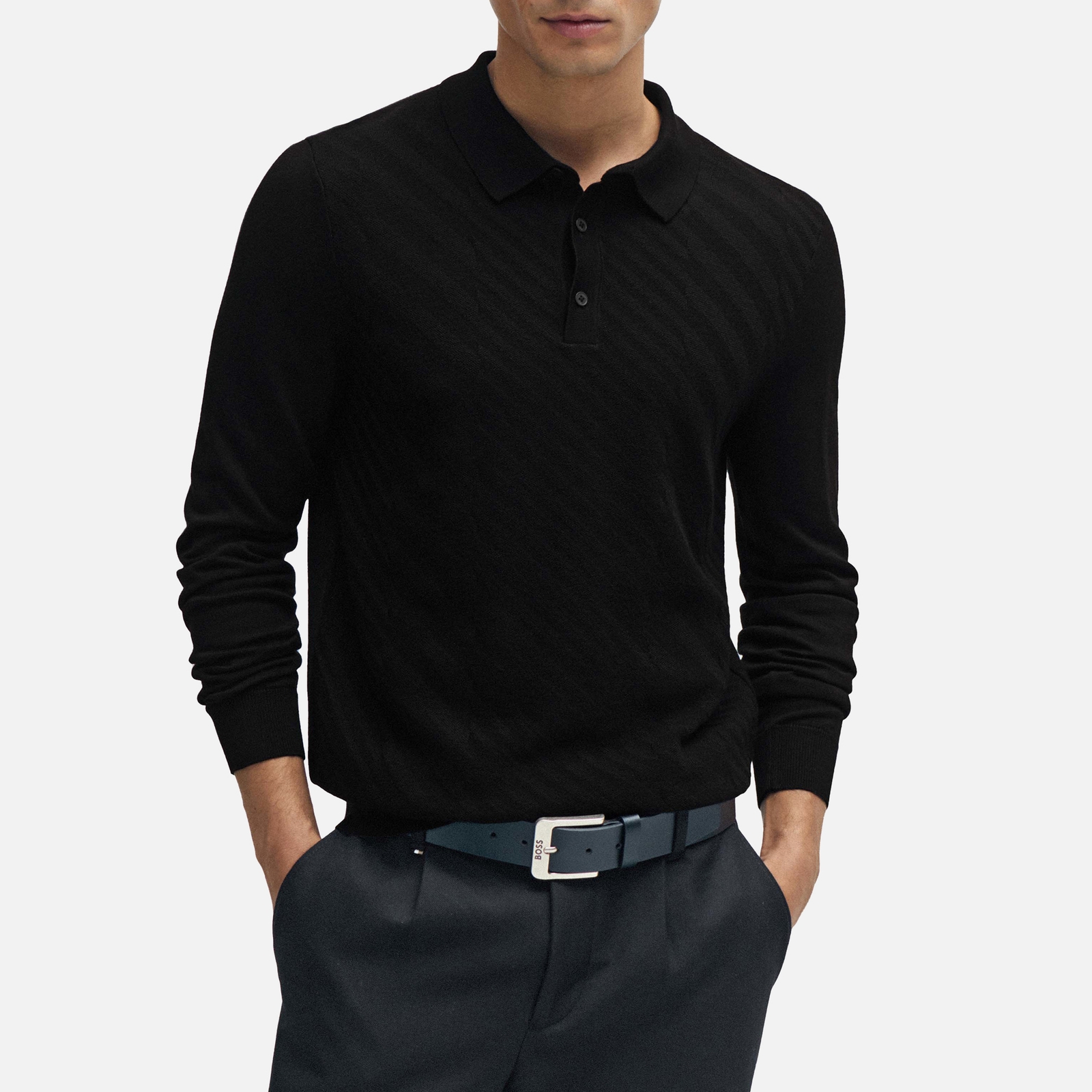 BOSS Black Padori Long Sleeve Jacquard-Knit Polo Shirt - L von BOSS Black