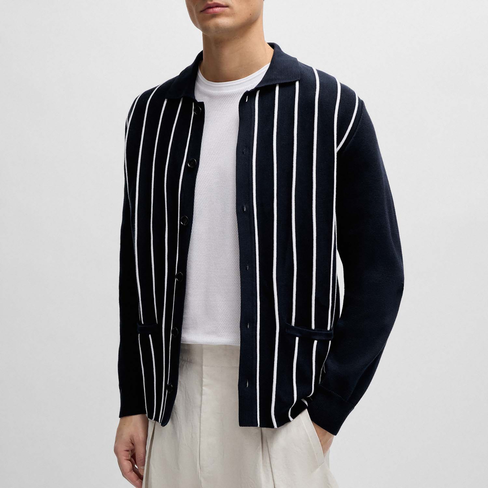 BOSS Black Striped Cotton-Knit Cardigan - L von BOSS Black