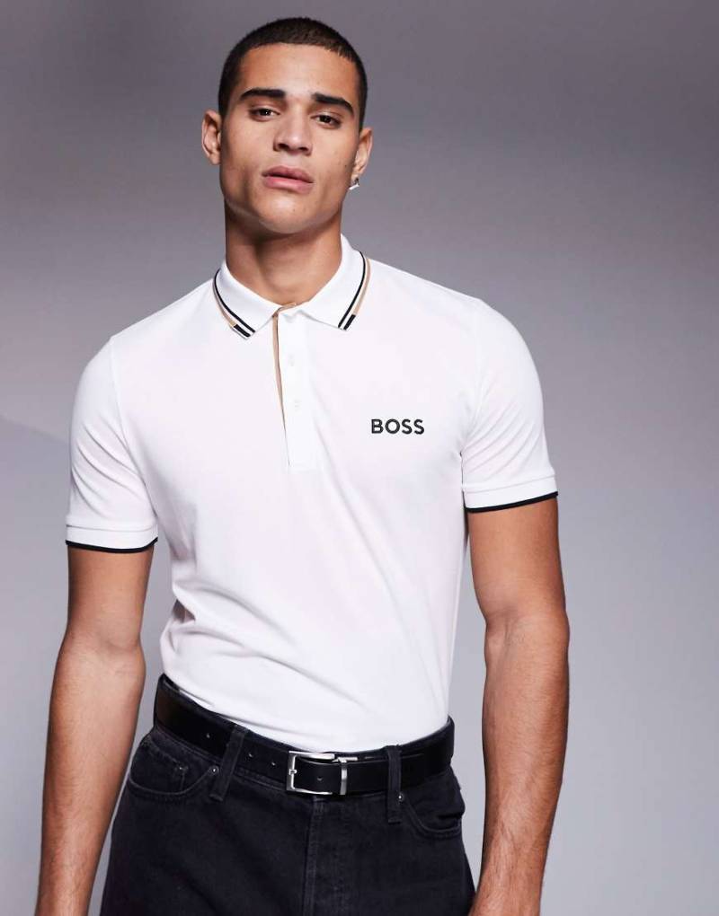 BOSS Green - Paddy Pro - Pikee-Polohemd in Creme mit regulärer Passform und Zierstreifen-Weiß von BOSS Green