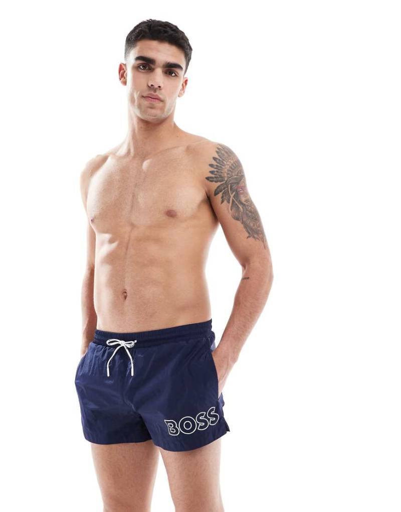 BOSS - Mooneye - Marineblaue Badeshorts mit Logo von BOSS Orange
