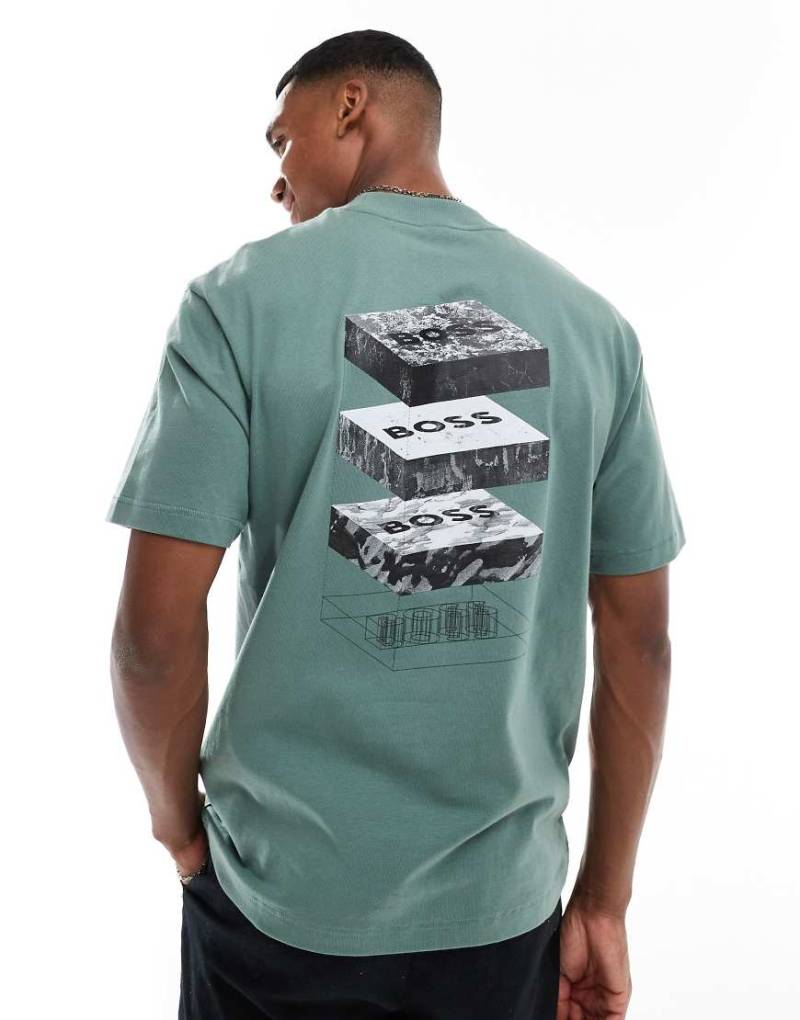 BOSS Orange - Geological - Relaxed-Fit-T-Shirt in Grün mit Print auf Brust und Rücken von BOSS Orange
