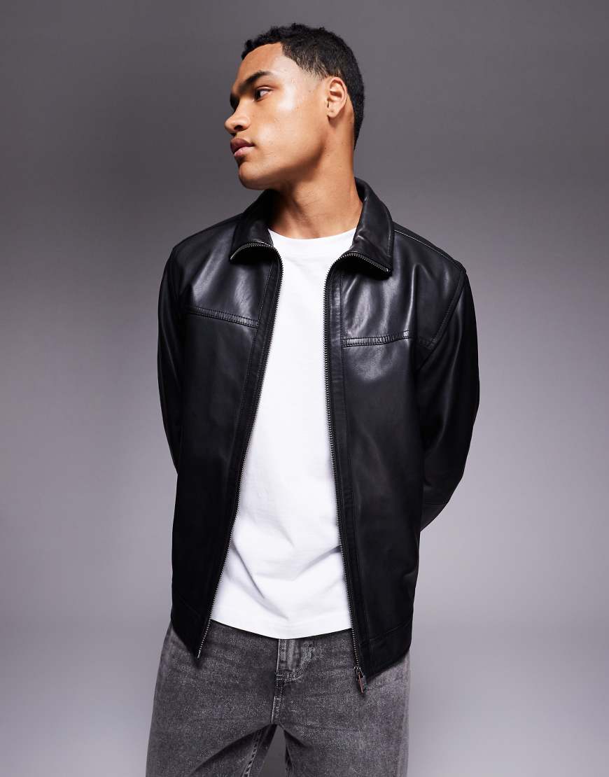 BOSS Orange - Jorest - Regular Fit Harrington-Jacke aus Leder in Schwarz von BOSS Orange