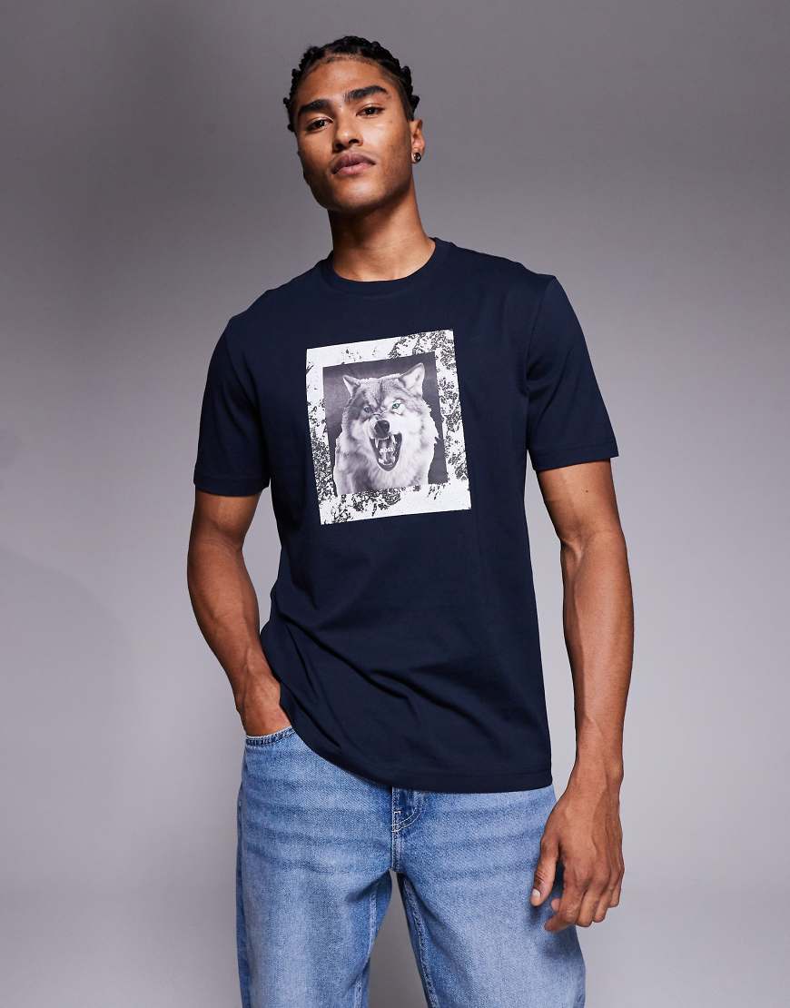 BOSS Orange - Lupo - T-Shirt in Marineblau mit Wolf-Grafikprint auf der Brust und regulärer Passform von BOSS Orange