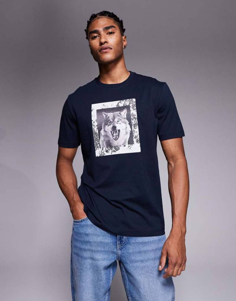 BOSS Orange - Lupo - T-Shirt in Marineblau mit Wolf-Grafikprint auf der Brust und regulärer Passform von BOSS Orange