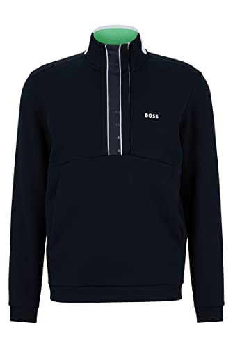 BOSS Herren Sweat 1 Sweatshirt aus Baumwoll-Mix mit kurzem Reißverschluss und Logo-Tape Dunkelblau M von BOSS