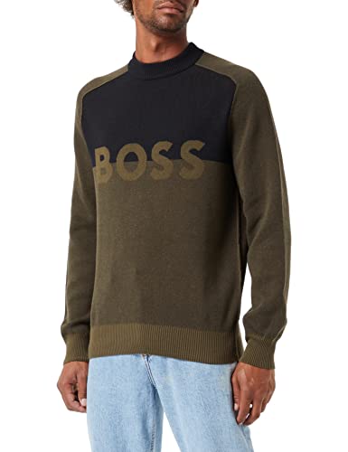 BOSS Herren Asave Regular-Fit Pullover aus recot2®-Jacquard mit Logo Schwarz L von BOSS