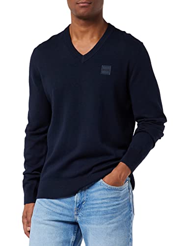 BOSS Herren Kanovano V Regular-Fit Pullover aus Baumwolle mit Kaschmir-Anteil und Logoaufnäher Dunkelblau XL von BOSS