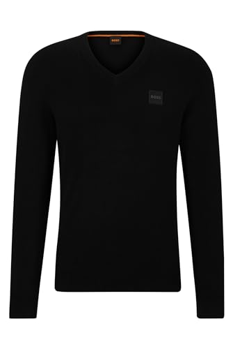 BOSS Herren Kanovano V Regular-Fit Pullover aus Baumwolle mit Kaschmir-Anteil und Logoaufnäher Schwarz M von BOSS