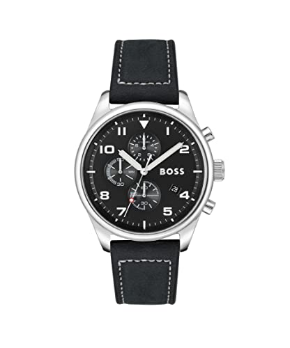 BOSS Chronograph Quarz Uhr für Herren mit Schwarzes Lederarmband - 1513987 von BOSS