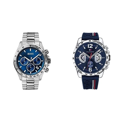 BOSS Chronograph Quarz Uhr für Herren mit Silbernes Edelstahlarmband - 1513755 & Tommy Hilfiger Multi Zifferblatt Quarz Uhr für Herren mit Marinblaues Silikonarmband - 1791476 von BOSS