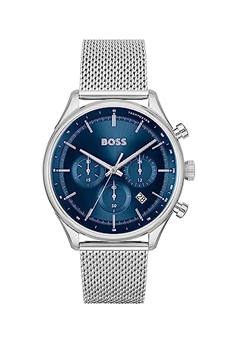 BOSS Chronograph Quarz Uhr für Herren Kollektion Gregor mit Silbernes Edelstahl-Mesh-Gliederarmband - 1514052 von BOSS