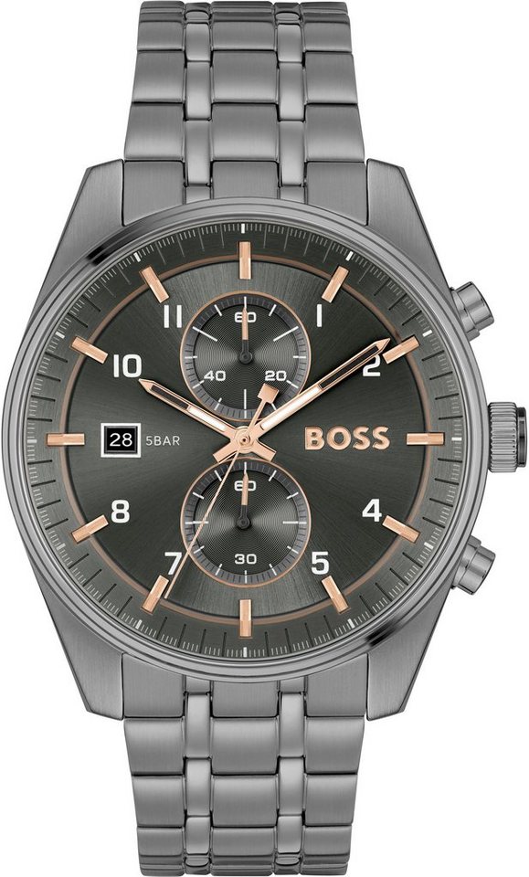 BOSS Chronograph SKYTRAVELLER 1514153, Quarzuhr, Armbanduhr, Herrenuhr, Edelstahlarmband, analog, Tag von BOSS